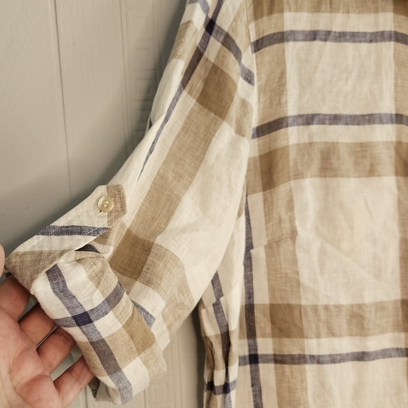 Zanetti Womens Cream Tan Blue Plaid Long Roll Tab Sleeve Linen Blouse Size XXXL - Picture 4 of 12